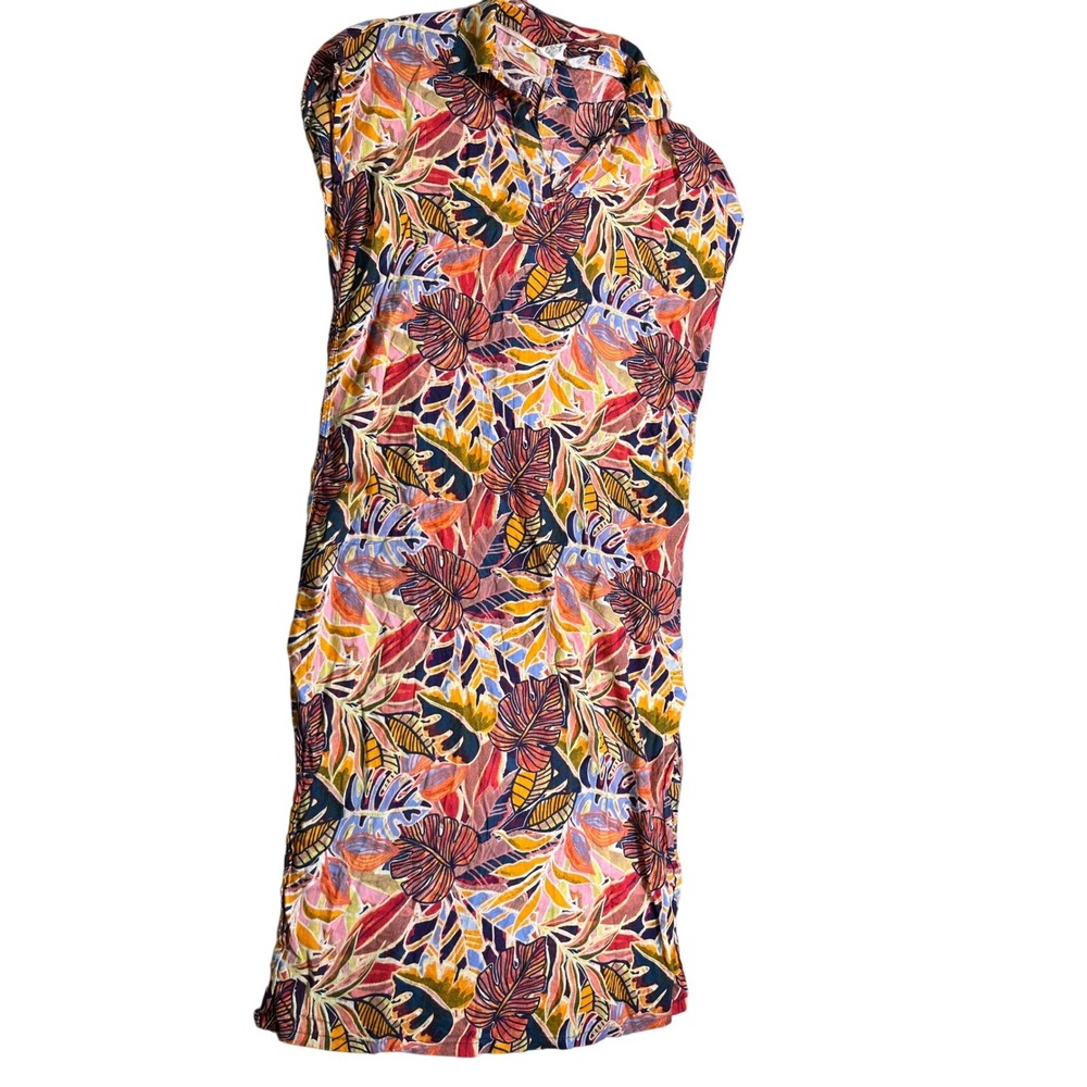 C&C California Linen Blend Tropical Midi Dress Small Split Neck Short Sleeve